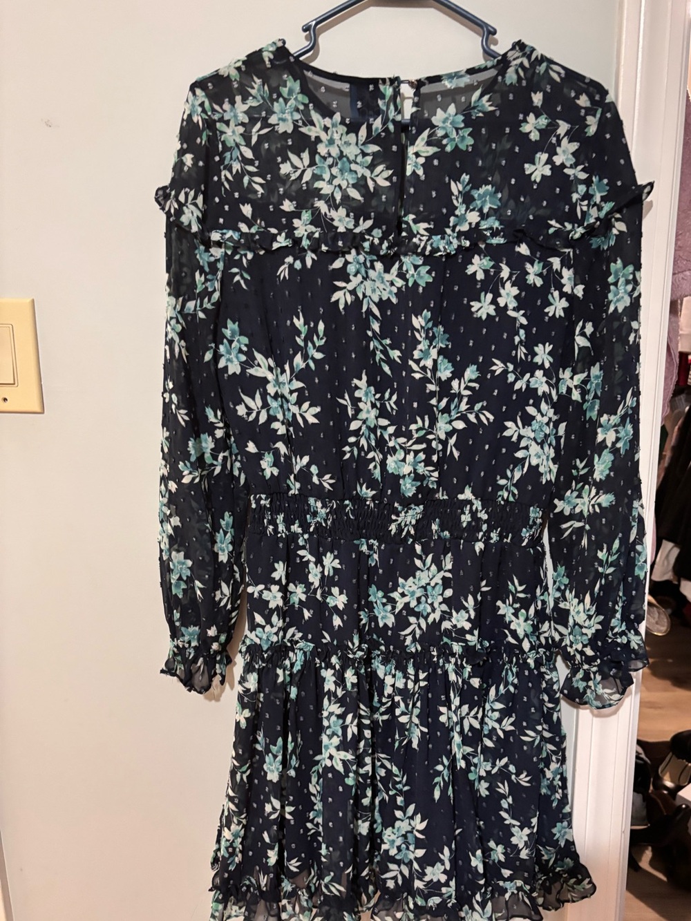 CeCe Navy Floral Chiffon Mini Dress with Mint Green Accents